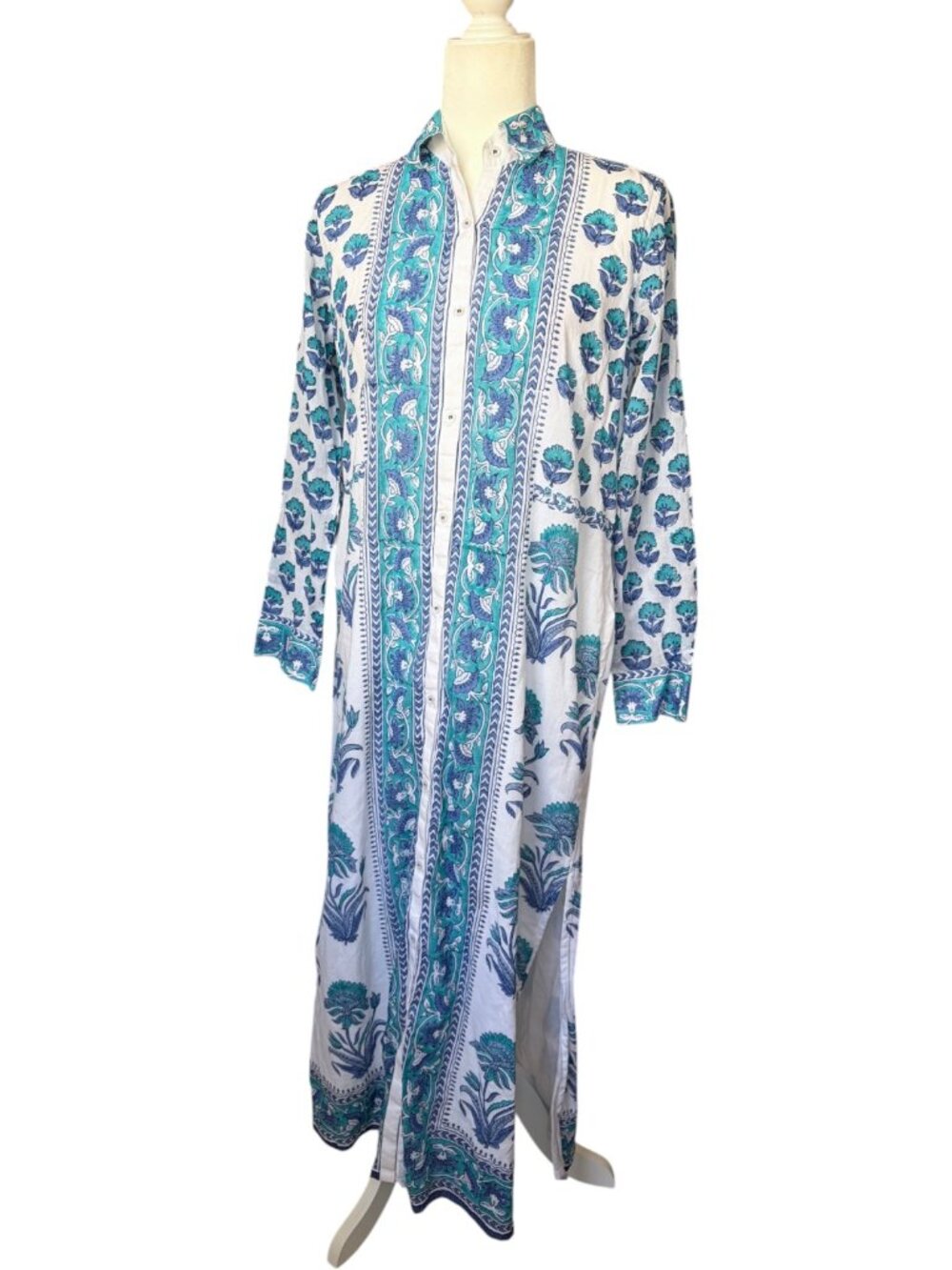 Bella Tu Aster Shirtdress Maxi Blue Floral Cotton Long Sleeve Modest Size Small - Picture 8 of 8